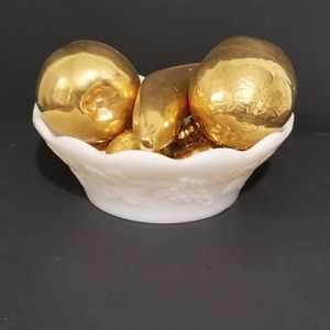 MILK GLASS BOWL WITH 8PC.S GOLD FRUIT